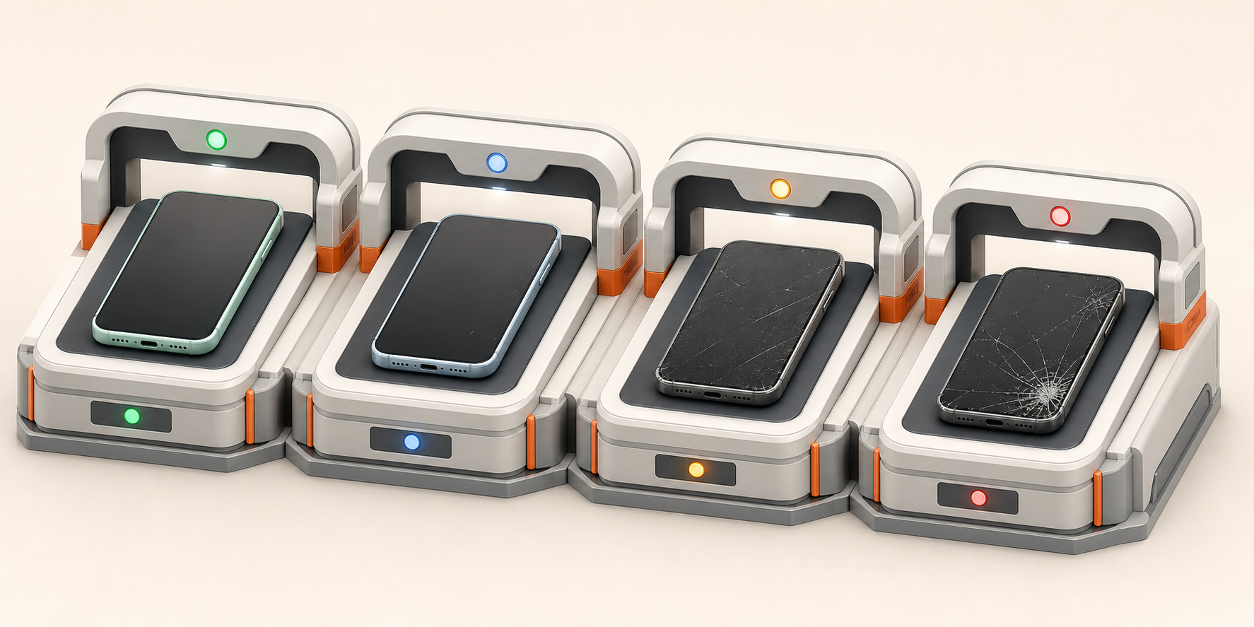 Four phone inspection bays showing mint, good, fair, and faulty conditions