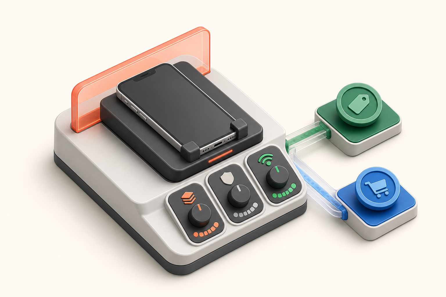 Isometric phone inspection dock with storage, condition, and carrier controls