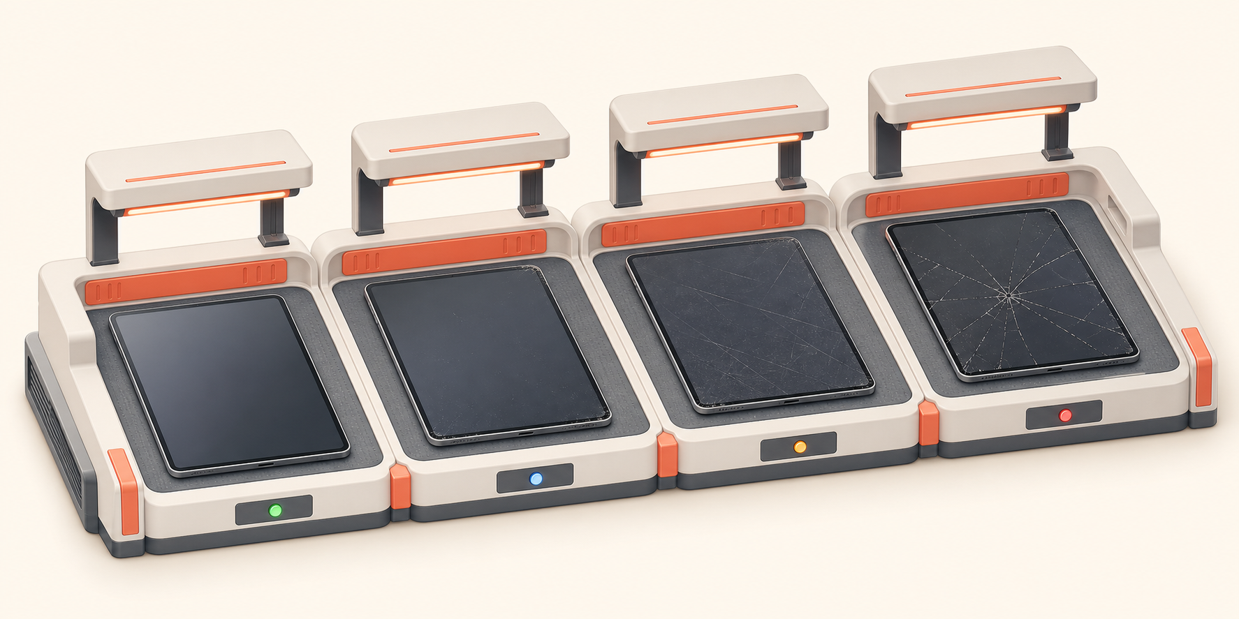 Four tablet inspection bays showing mint, good, fair, and faulty conditions