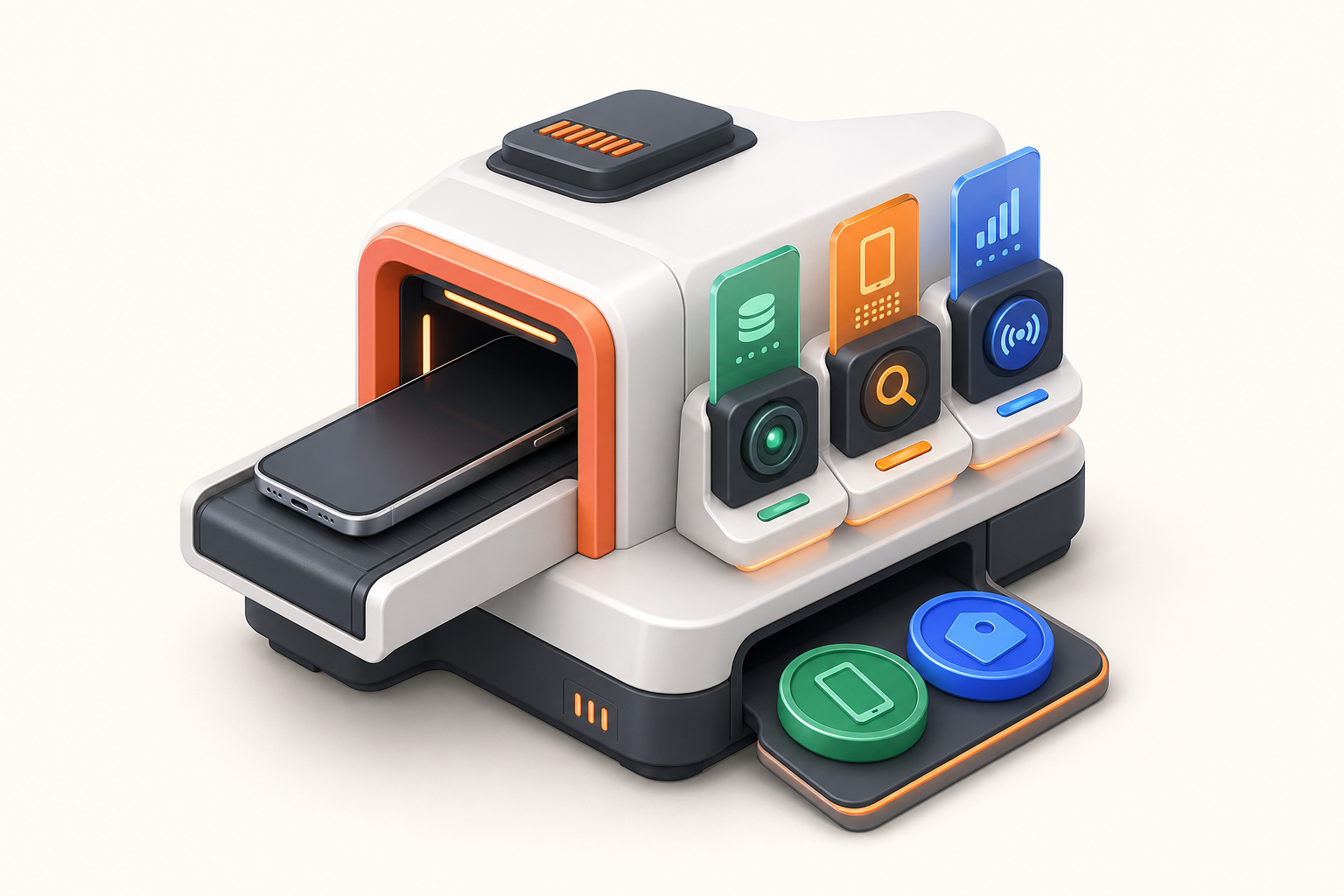 Isometric phone valuation machine checking a phone and producing sell and buy estimates